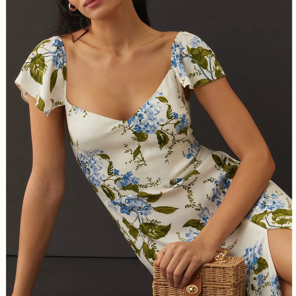 Reformation Cream Floral Midi Dress with Blue & Olive Print